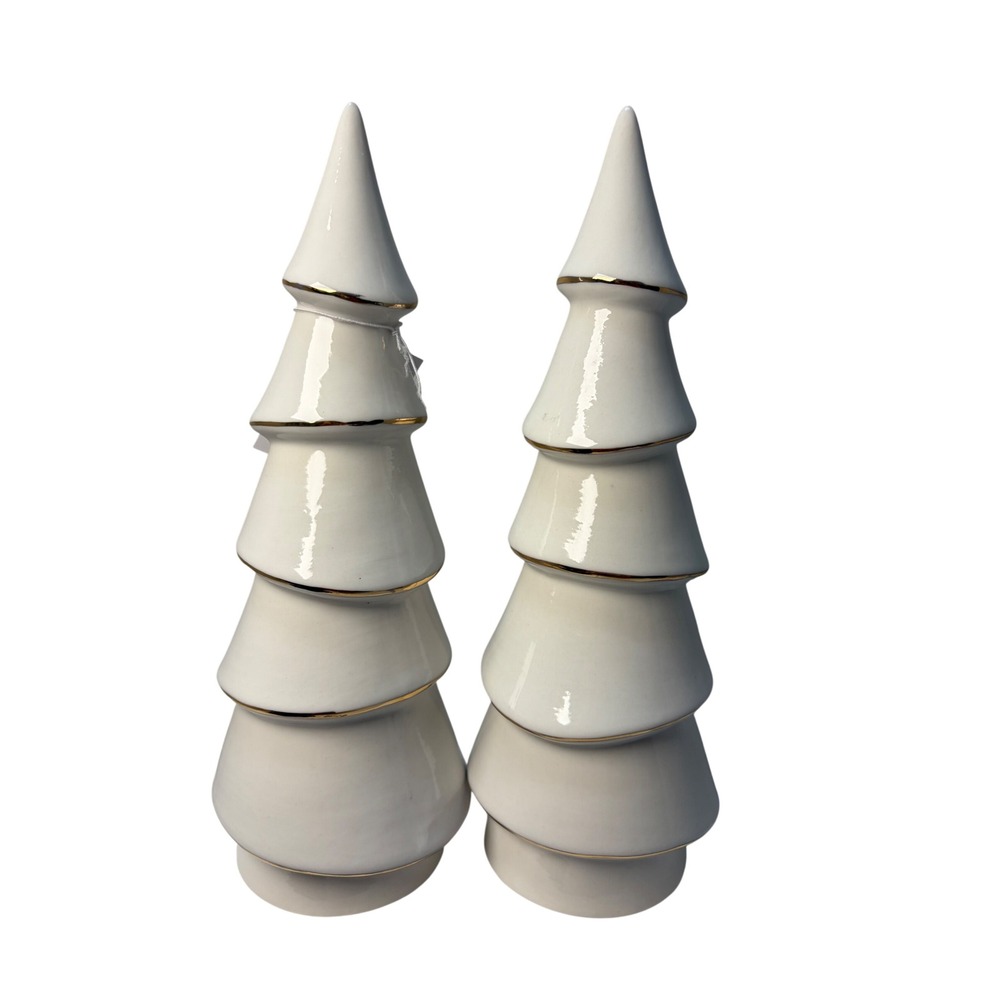 Gold Trim White Christmas Trees Large Holiday Decor C23183 Set of 2 Ceramic